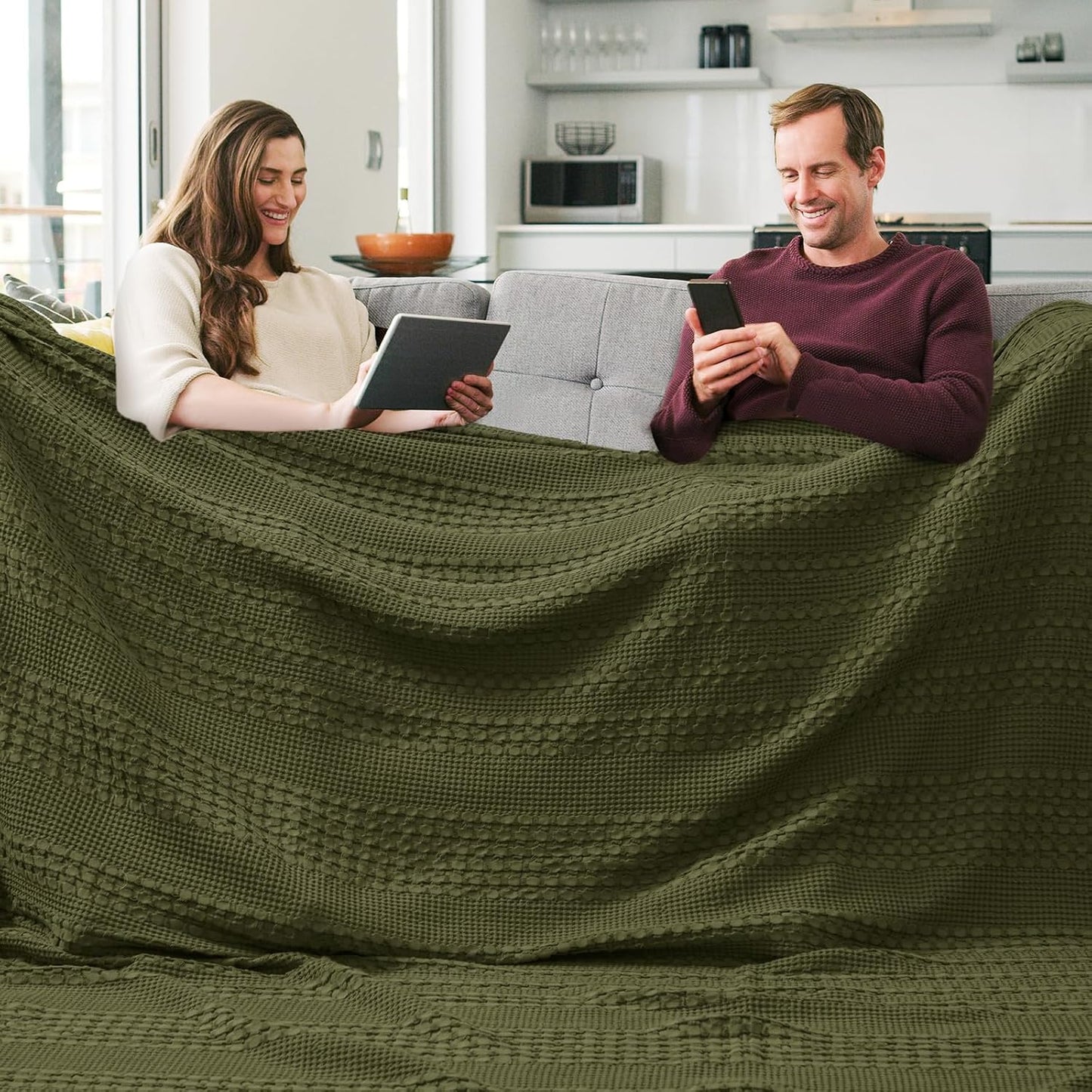 PHF 100% Cotton Waffle Blanket Oversized King 120"x120", Lightweight Breathable Extra Large 10'x10' Blankets for Bed, Giant Big Luxury Aesthetic Woven Bedding for Home Decor, Capulet Olive