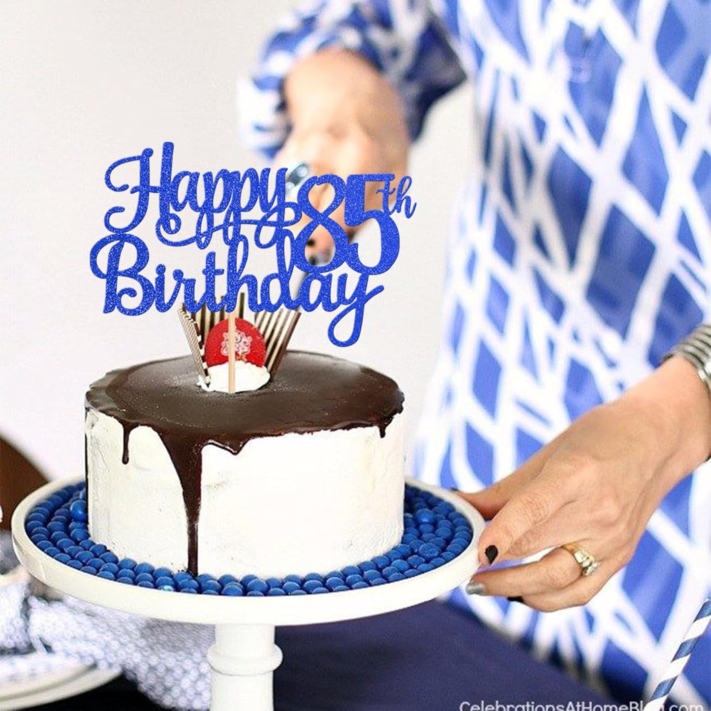 1 PCS Happy 85th Birthday Cake Topper Glitter Cheers to 85 Years Birthday Cake Pick Eighty Five 85 Fabulous Cake Decoration for Happy 85th Birthday Theme Party Decorations Supplies Blue
