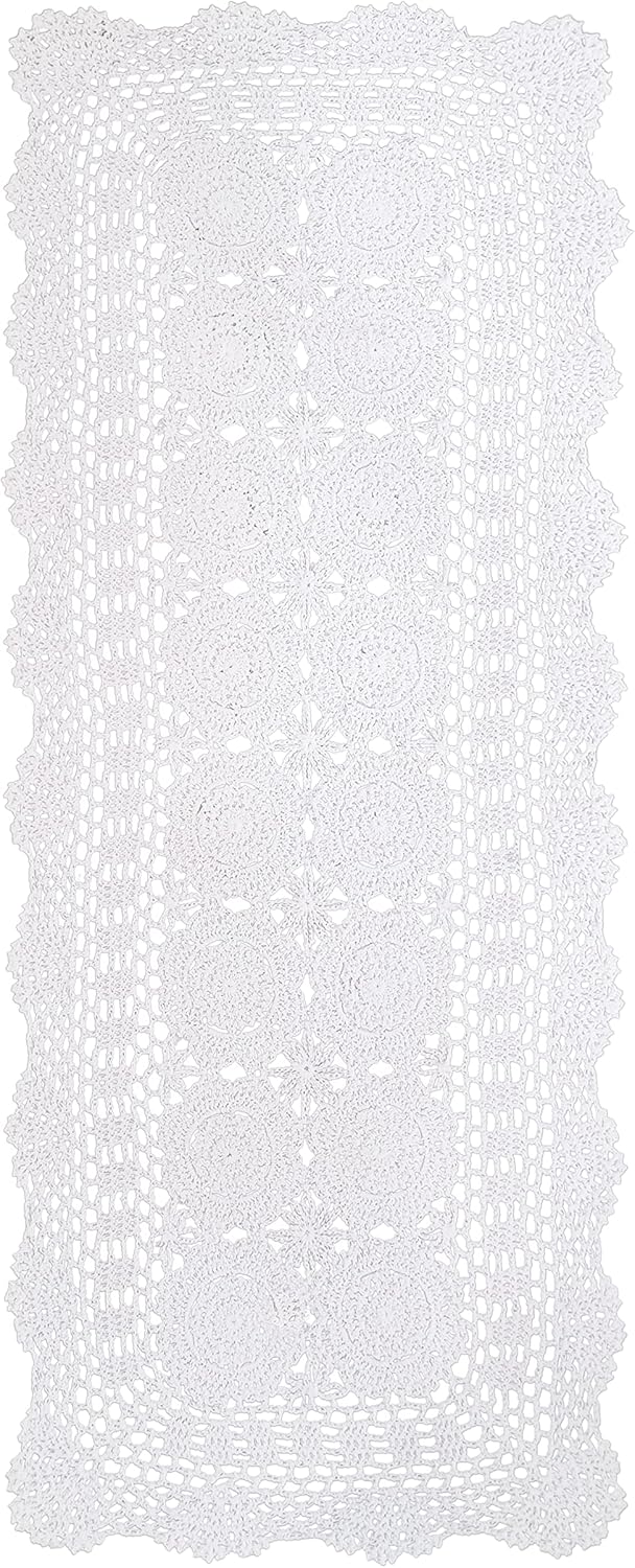 Phantomon Lace Table Runner Rectangular Table Cover Cloth Handmade Crochet Floral Placemats 100% Cotton (Floral White, 15x39Inch)