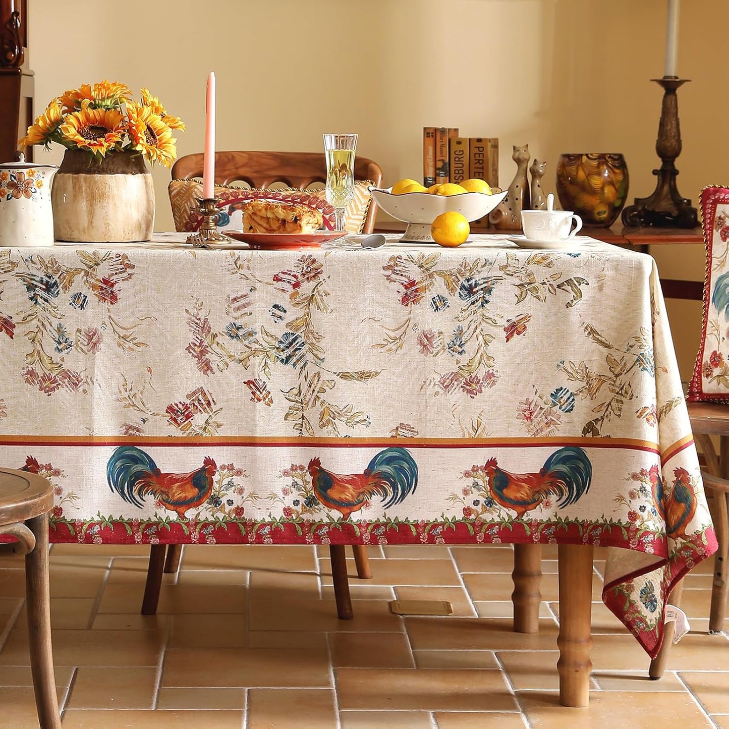 patdrea Designer Linen Red Long Rectangle Tablecloth,Vintage French Animals Pattern Tablecloths,Decoration Floral Table Cover for Kitchen Dining Christmas,Party,Thanksgiving,63"x94"-Townlife E