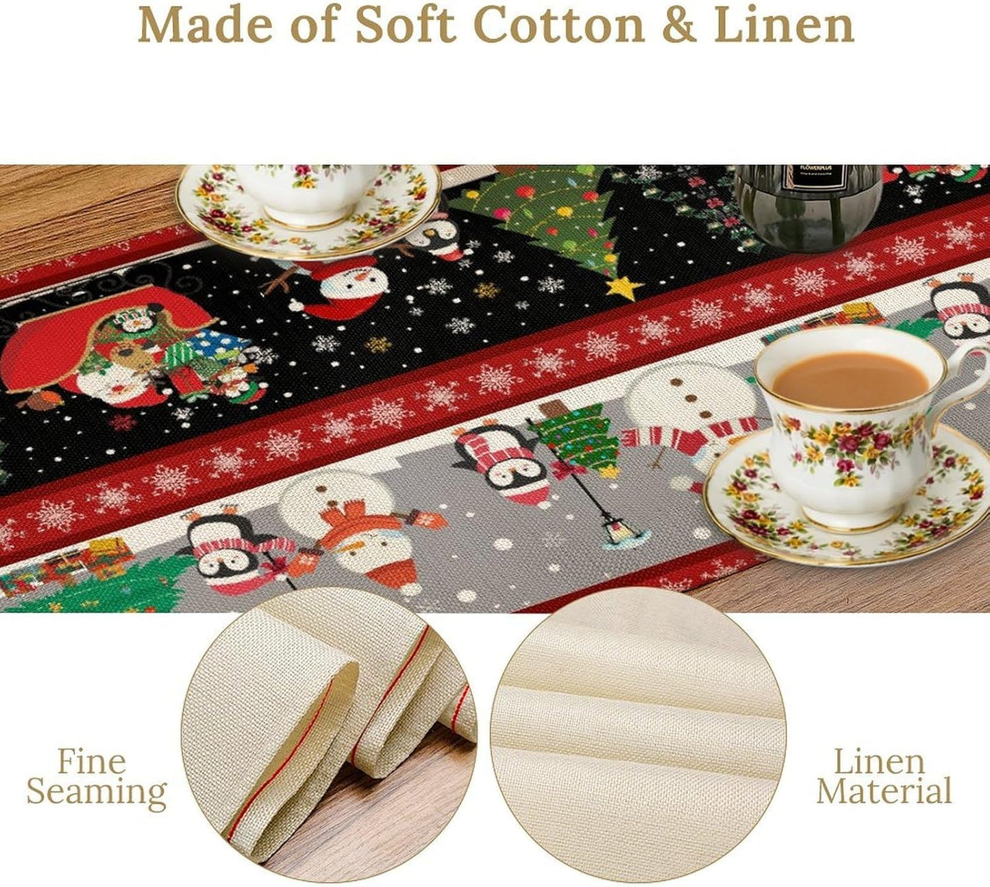 Christmas Table Runner,Cartoon Snowman Tree Xmas Deer Elk Santa Claus Print Tablecloth Burlap for Hotel Indoors Outdoor Dining Room Kitchen Home Decor,W13X L90 in