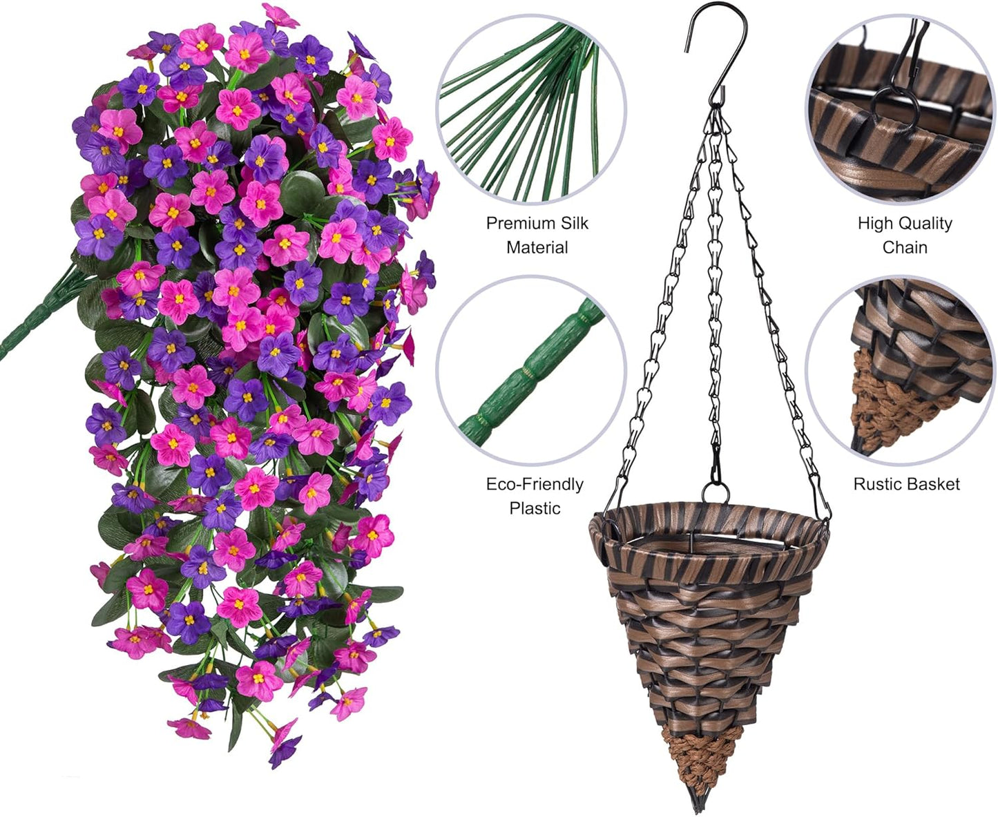 Artificial Fake Hanging Flowers with Basket for Outdoor Decoration,UV Resistant Faux Silk Dark Purple and Fuchsia Orchid Flowers Vines in Planter Realistic Hanging Baskets for Home Porch Garden
