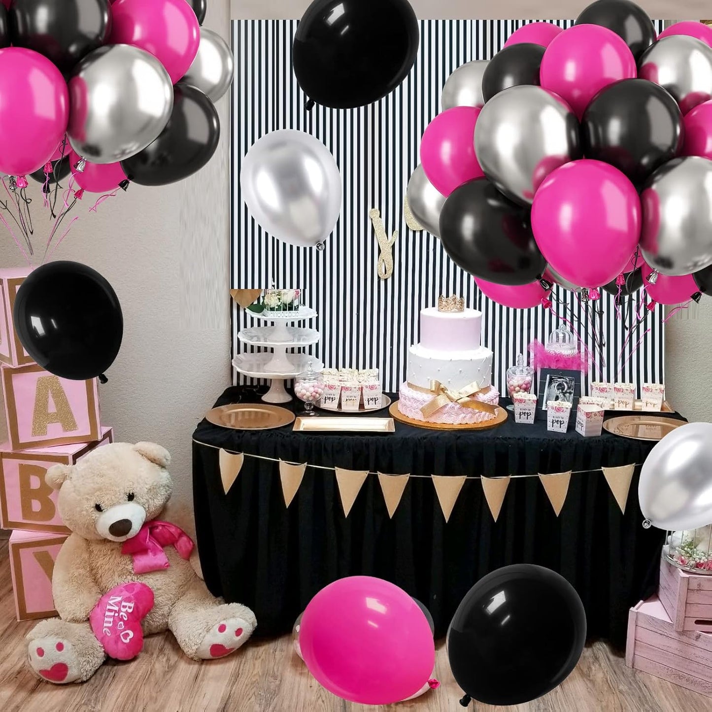 Paready Hot Pink and Black Balloons, 30 Pcs 12 Inch Black Hot Pink and Silver Latex Balloons with Ribbons for Girls Birthday Engagement Anniversary Wedding Bridal Shower Party Graduation Decoration