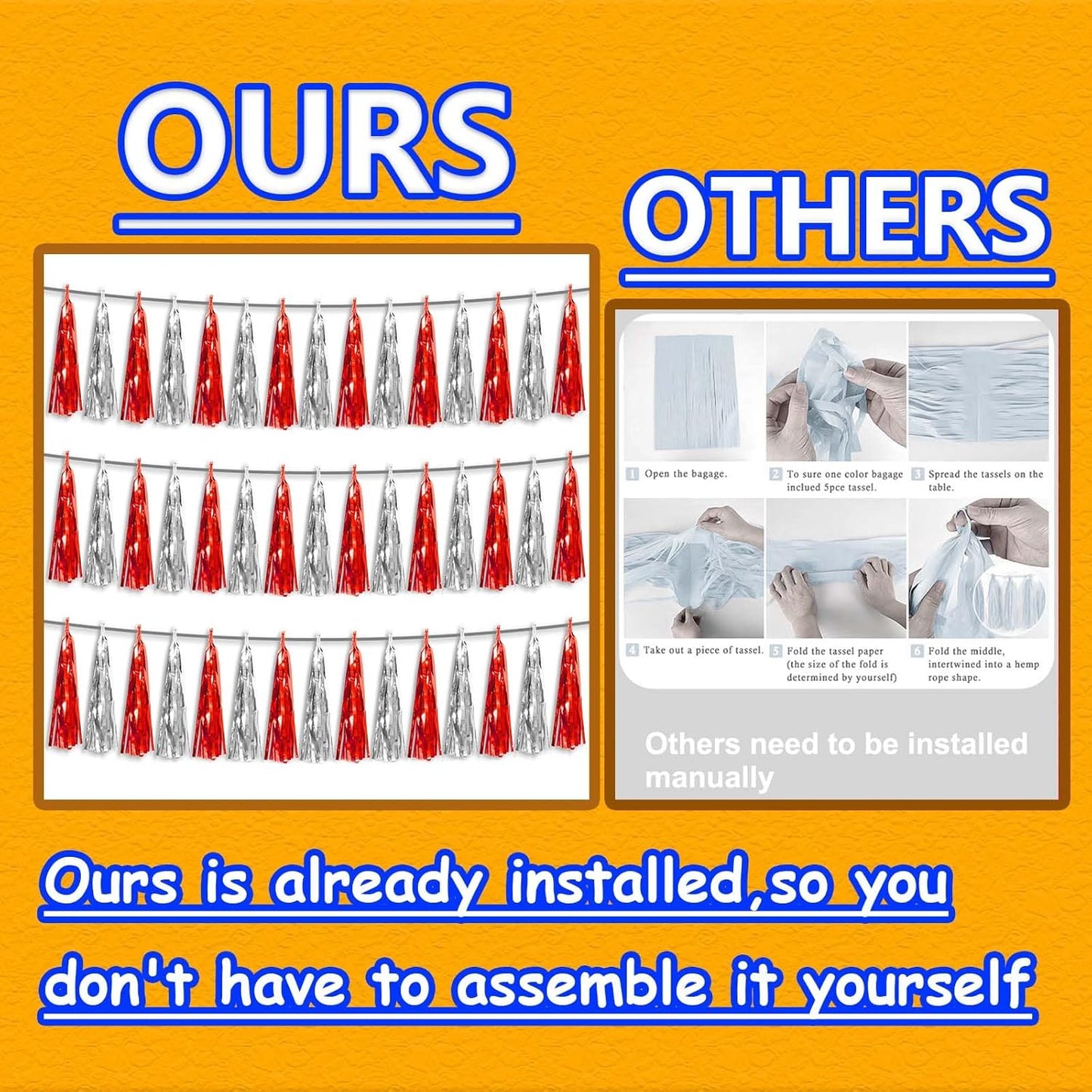 3P Metallic Fringe Tassel Banner Garland Foil Tinsel Streamer Wall Hanging Curtain Backdrop Banner for Parade Floats,Halloween Decorations, Christmas Day, Wedding Party Decoration(Red Silver)