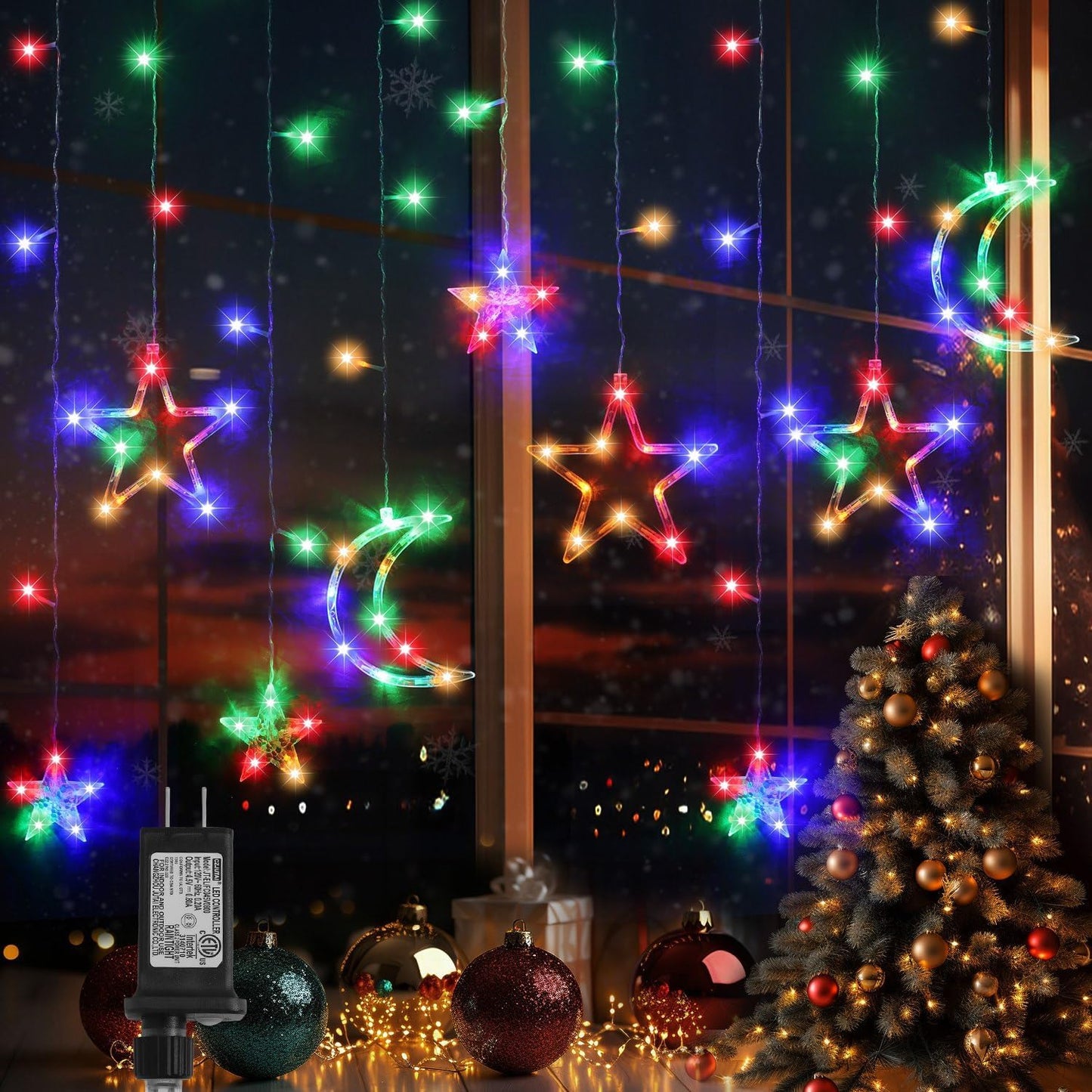 PUHONG Christmas String Lights, 138 LEDs Curtain Lights with 8 Light Modes, 11.48FT Star Moon Indoor Outdoor Fairy String for Window, Bedroom, Wall, Home, Ramadan, Christmas Decoration - Multicolored