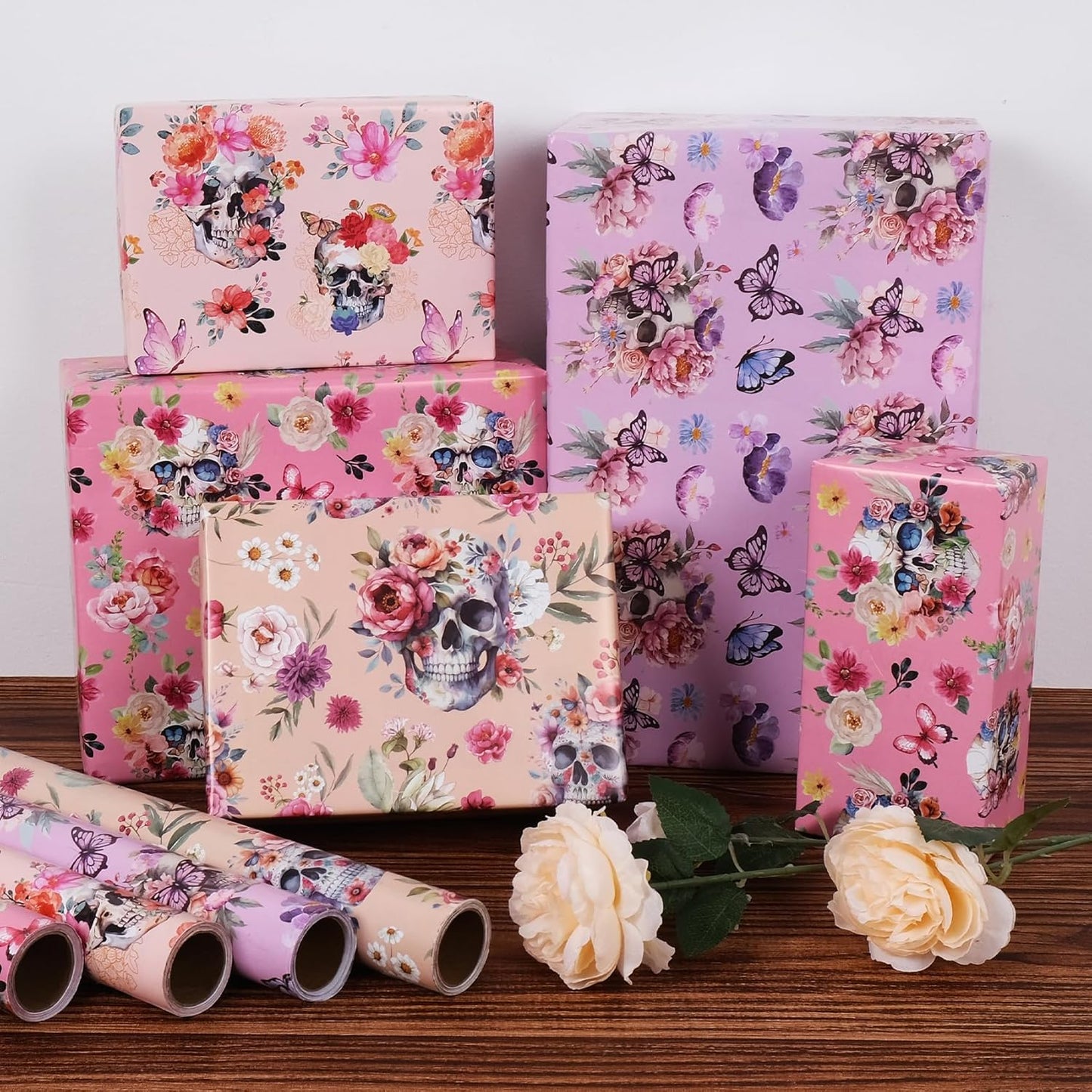 Aimyoo Gothic Wrapping Paper Rolls, 17 Inch X 10 Feet - 4 Rolls - Skull Floral Butterfly Design Gift Wrap Paper for Mother's Day, Birthday Bridal Shower