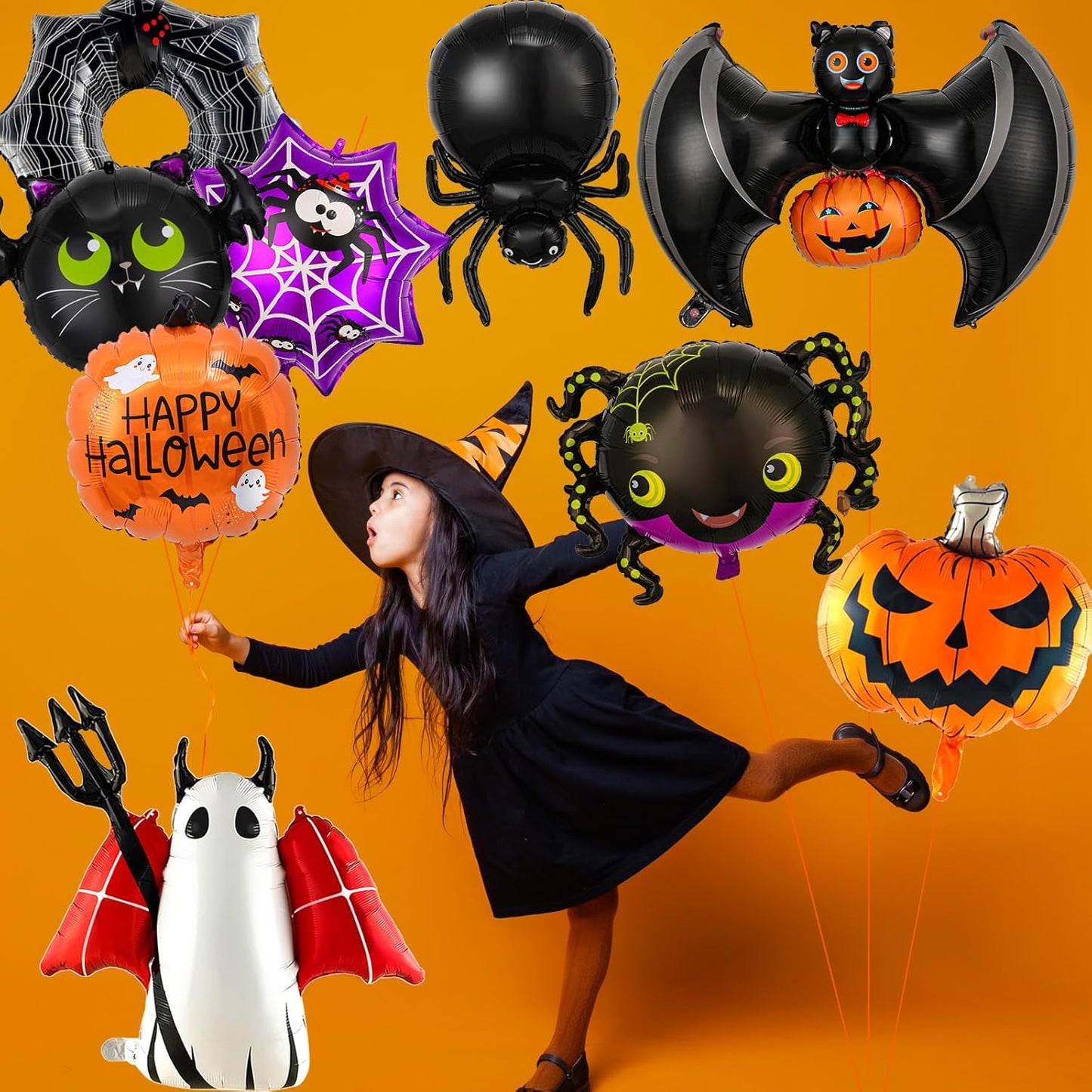 Halloween Balloons Set - 9Pcs Foil Ghost, Spider, Pumpkin & Bat Balloons for Scary Party Decorations, Indoor Outdoor Halloween Party Supplies, Haunted House, Trick or Treat (Style-1)