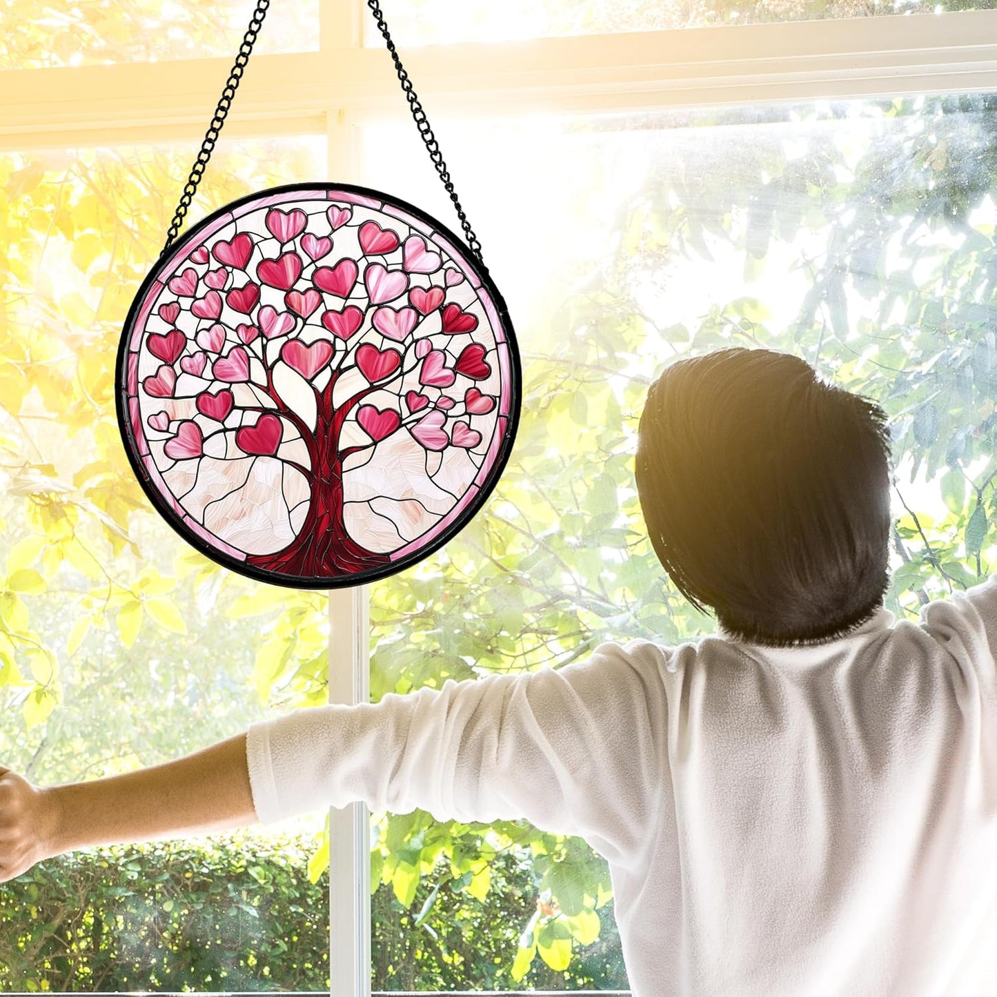 Stained Glass Window Hanging, Pink Love Heart Tree Suncatcher Hangings Beige Sun Catchers Decor for Birthday Holiday for Women, Men, Wife, Aunt, Mom 7.8 in