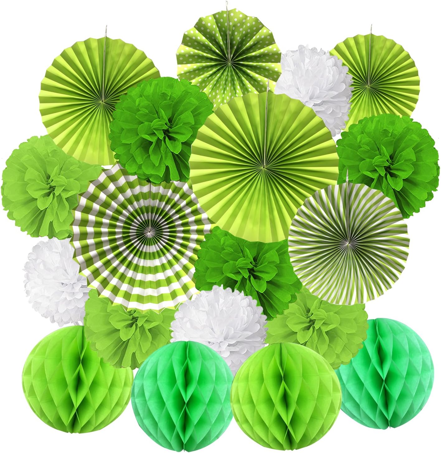 Hanging Paper Fan Set, Tissue Paper Pom Poms Flower Fan and Honeycomb Balls for Birthday Baby Shower Wedding Festival Decorations - Green