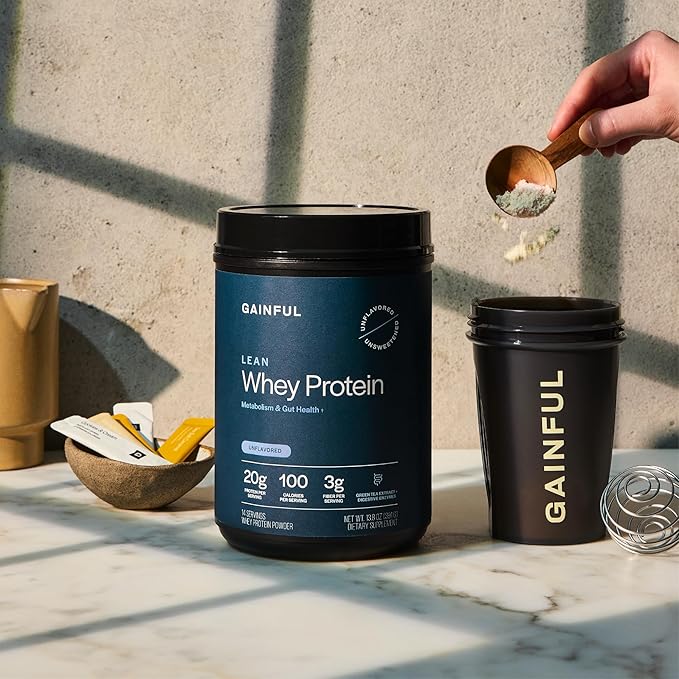 Gainful Lean Whey Protein Powder with 20g Protein per Serving, Unflavored, Supports Lean Muscle, Metabolism, and Satiety, with Green Tea Extract, Digestive Enzymes, Organic Fiber, 14 Servings