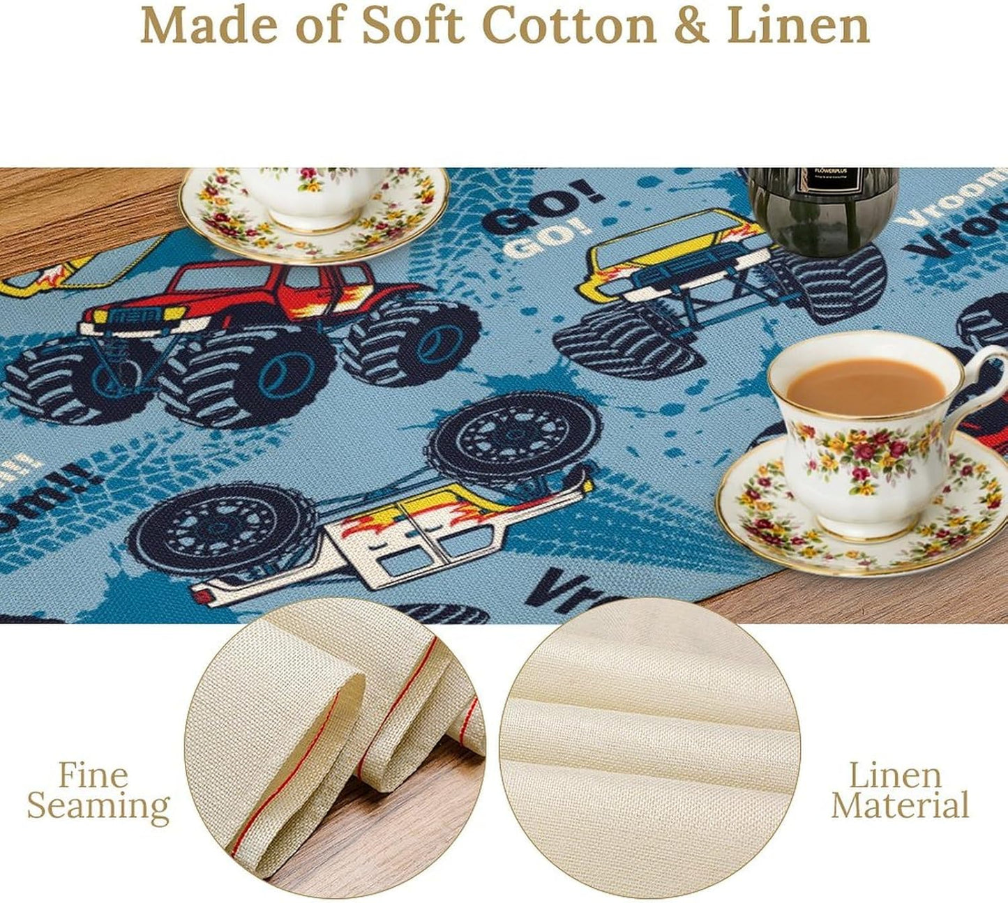 Monster Truck Table Runner,for Kids Boys Cool Colorful Cartoon Blue Cars Pattern Print Tablecloth Burlap for Hotel Indoors Outdoor Dining Room Kitchen Home Decor,W13X L60 in