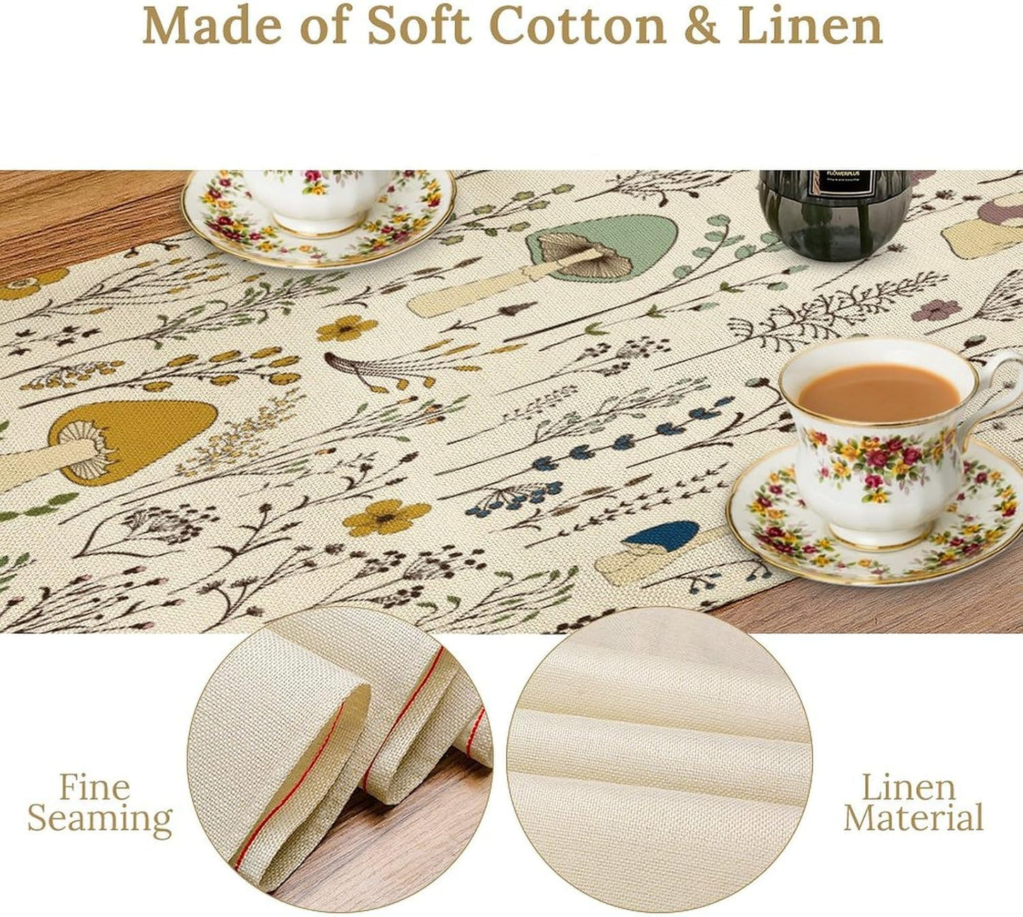 Mushroom Table Runner,Colorful Wild Plants and Fungus Botanical Plants Pattern Print Burlap for Hotel Indoors Outdoor Dining Room Kitchen Holiday Party, 13x36in