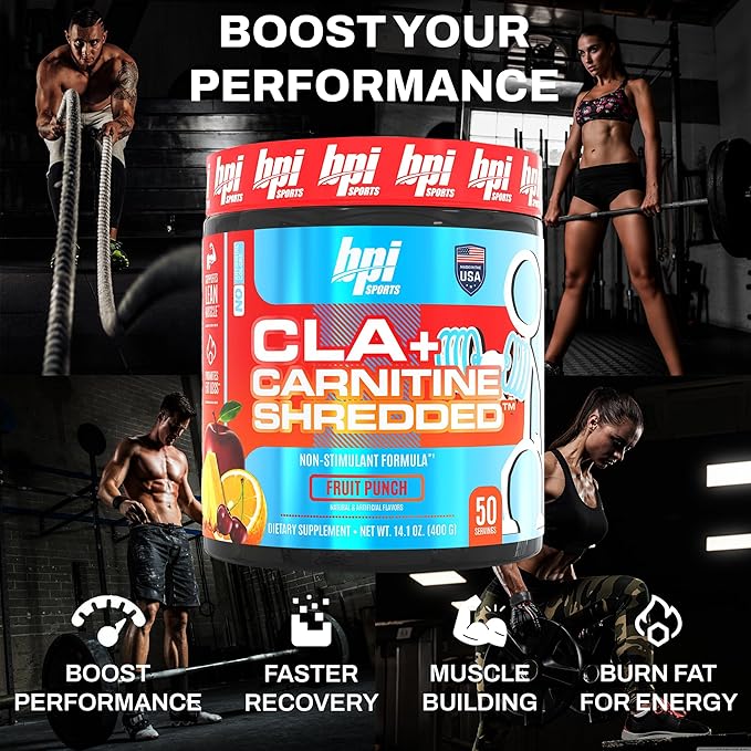BPI Sports CLA + Carnitine Shredded - Convert Fat Cells Into Energy and Supports Lean Muscle, Boost Metabolism - Non-Stimulant L-Carnitine Supplement - Fruit Punch (14.1 oz. / 50 Servings)