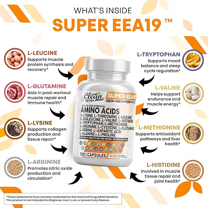 Clean Nutraceuticals Amino Acids Supplement L-Lysine, L-Threonine, L-Leucine, Isoleucine, Valine, L-Histidine, L-Tryptophan, L-Methionine, L-Arginine, L-Cysteine, L-Glutamine, L-Serine, Aspartic Acid