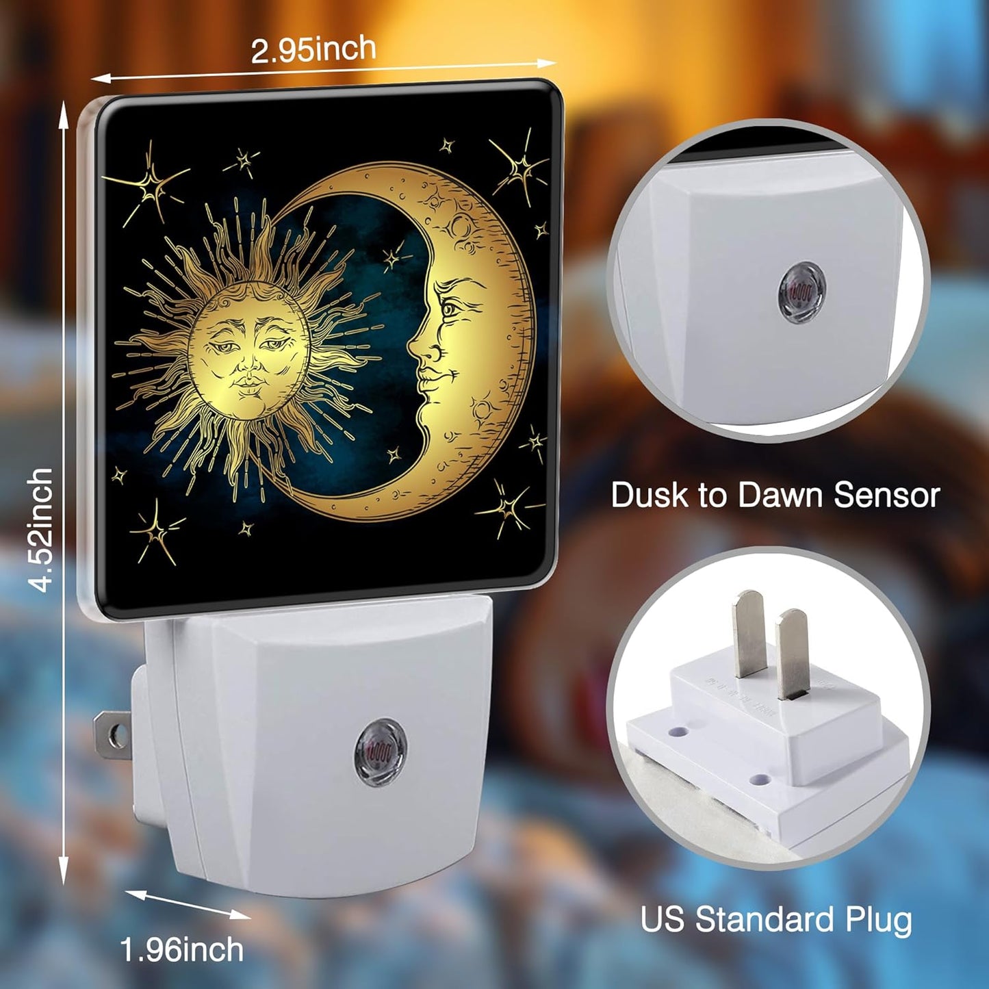 Celestial Moon Sun Night Light Plug into Wall with Dusk to Dawn Light Sensors Boho Chic Stars Night Light LED Lamp for Bedroom Hallway Home Wall Decor Nightlight for Girls Boys Men Women