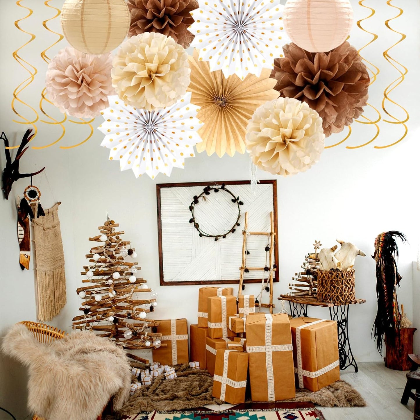 Boho Baby-Shower White-Brown Champagne Fall Party-Decorations - 33pcs Banner,Streamers Tassel Garland,Tissue Pom Poms Honeycomb,Paper Lantern Fan,Autumn,Bridal,Christmas,Birthday,Wedding Decor Hugtmr