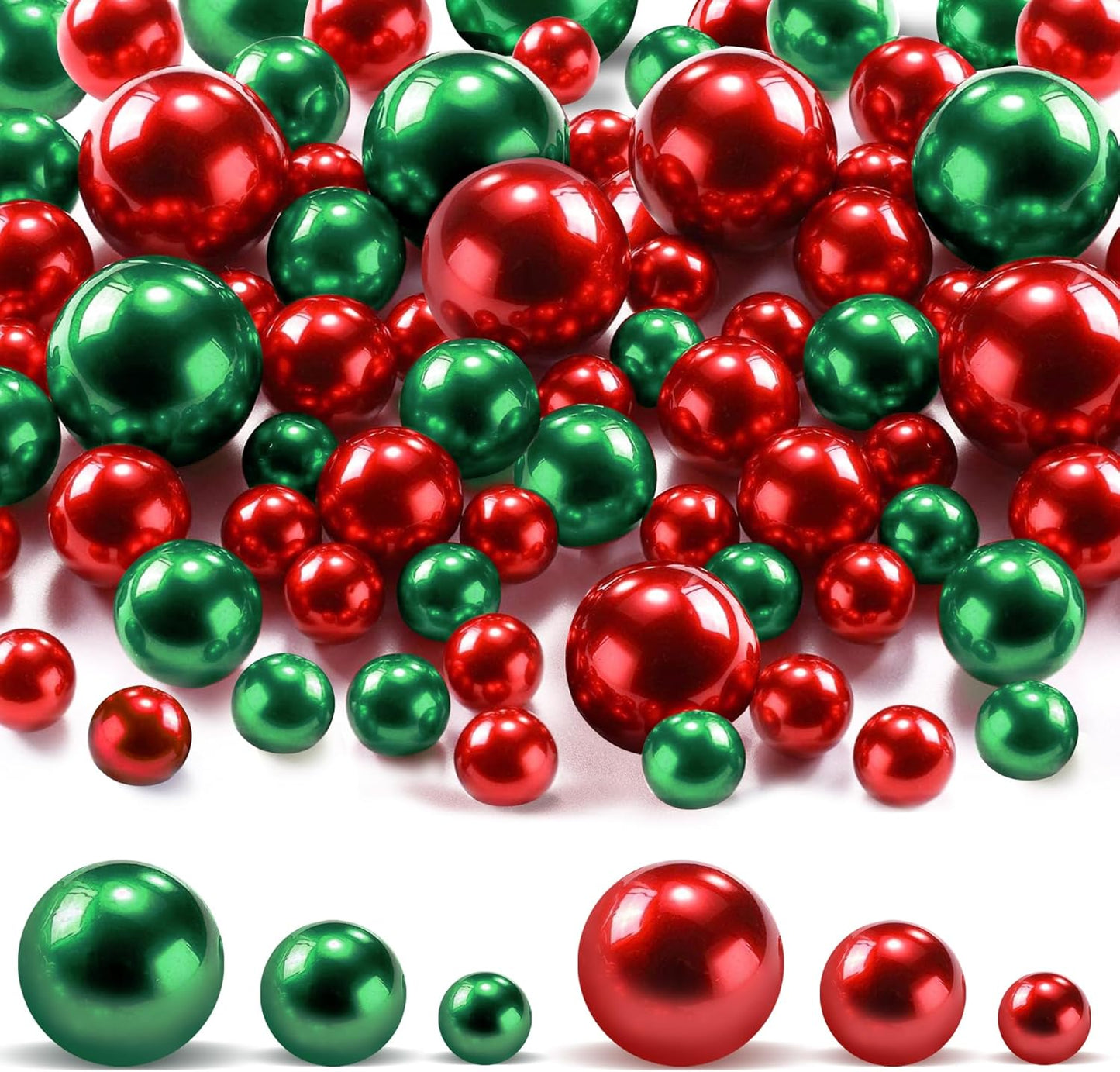 180PCS Red & Green Beads for Centerpieces Vases, No Hole Polished Pearl Makeup Beads Mixed 8/14/20mm Sizes, Pearl Vase Fillers Table Scatters for Party Wedding Decor