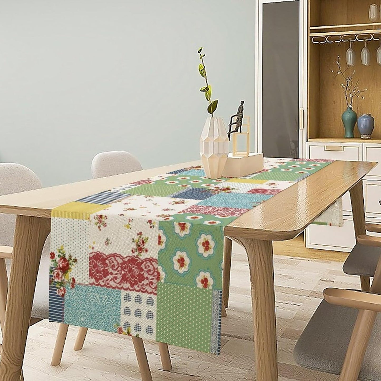 Patchwork Boho Table Runner,Vintage Colorful Floral Plaid Polka Dot Print Tablecloth Burlap for Hotel Indoors Outdoor Dining Room Kitchen Home Decor,W13X L108 in