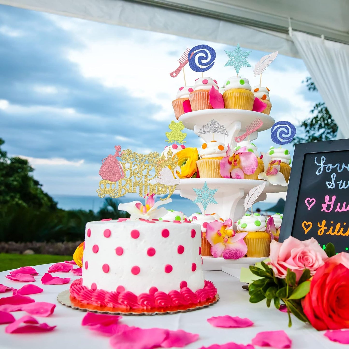 Gyufise 24Pcs Princess Symbol Cupcake Toppers Crown Frog Feather Comb Snowflake Cupcake Pick Decorations for Princess Theme Baby Shower Kids Birthday Party Supplies