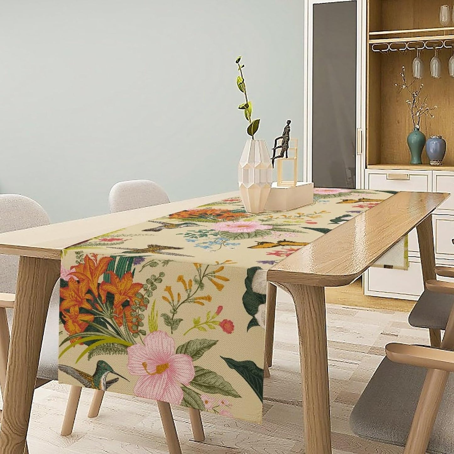 Brown Bird Floral Table Runner Spring Flower Kitchen Table Decoration Suitable for Family Dinner Decoration 13x36 Inch