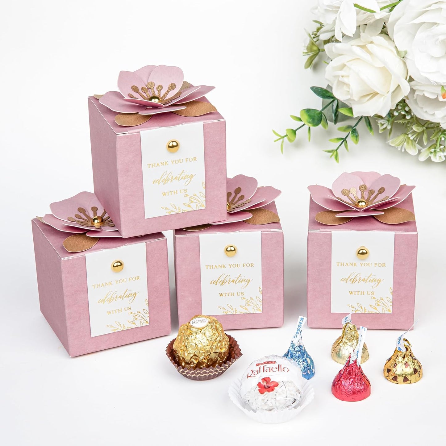 FEIYI 20 PCS Favor Boxes, 3 In 1 Dusty Rose Candy Boxes with Floral Decor, White Thank You Tags Gold Foil Print Gift wrapping for Wedding, Baby Shower, Birthday, Decorations Party - 2.55x2.55x2.55