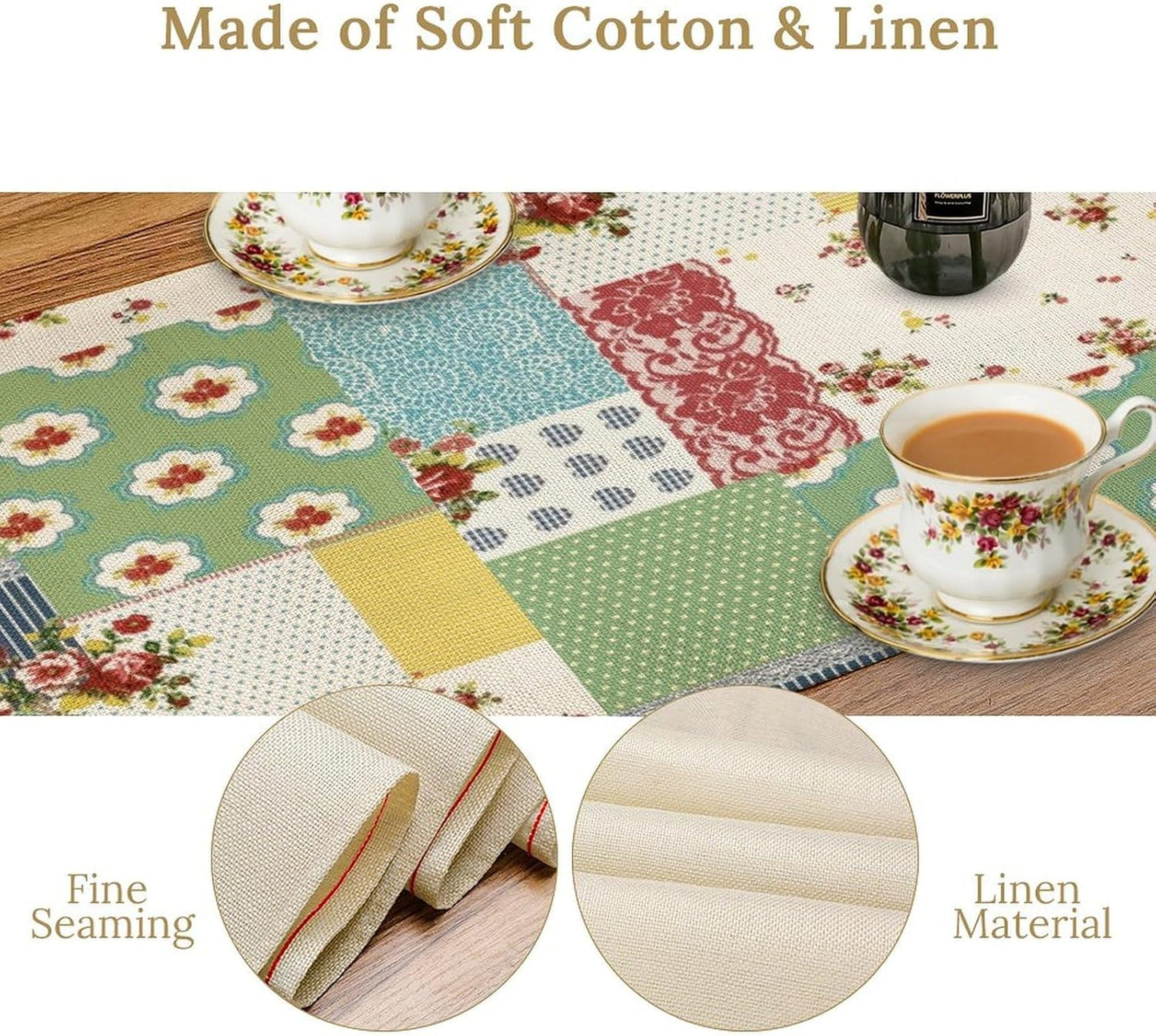 Patchwork Boho Table Runner,Vintage Colorful Floral Plaid Polka Dot Print Tablecloth Burlap for Hotel Indoors Outdoor Dining Room Kitchen Home Decor,W13X L70 in