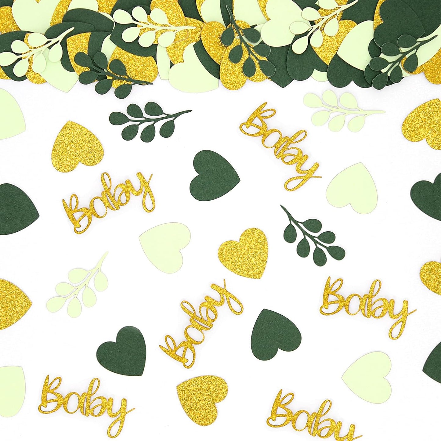 200PC Sage Green Baby Shower Confetti Green Gold Glitter Heart Table Confetti for Greenery Gender Neutral Baby Shower Decorations