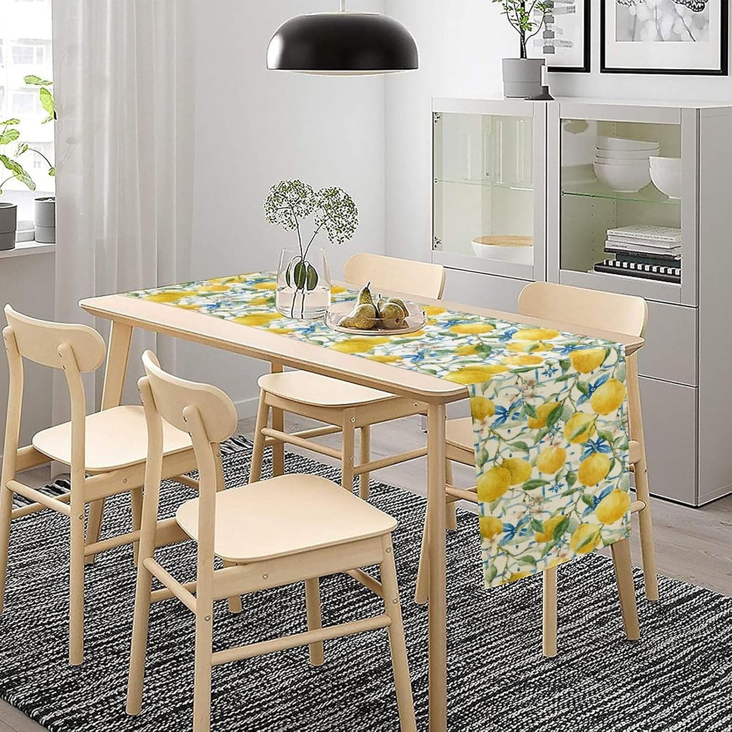 Lemon Table Runner,Watercolor Fruit Green Leaves Spring Summer Table Cloth Kitchen Dining Table Home Party Decoration 13x120 Inch