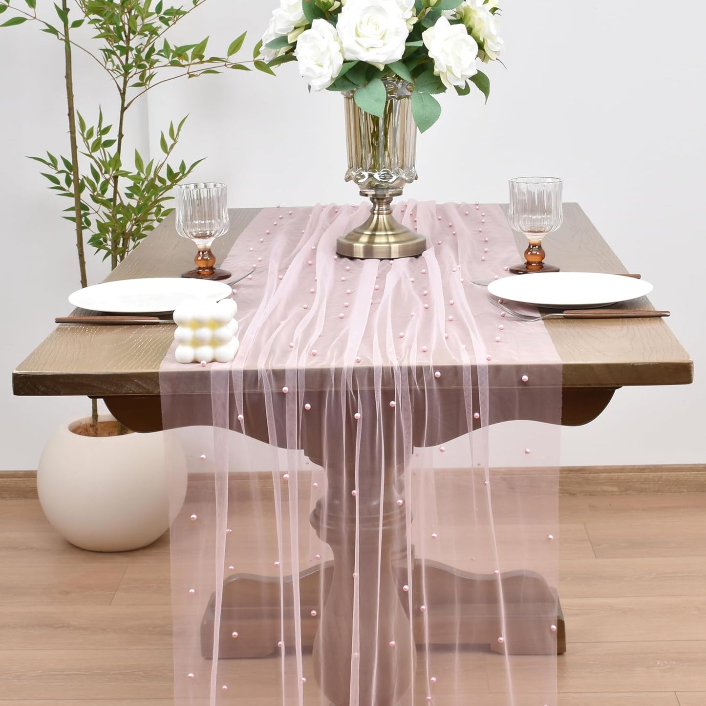 Joanlody Fall Pearl Table Runner 10ft Rustic Boho Tulle Table Runner with Pearls for Baby Shower Wedding Party Veil Dessert Thanksgiving Table Decor Pink 4pcs