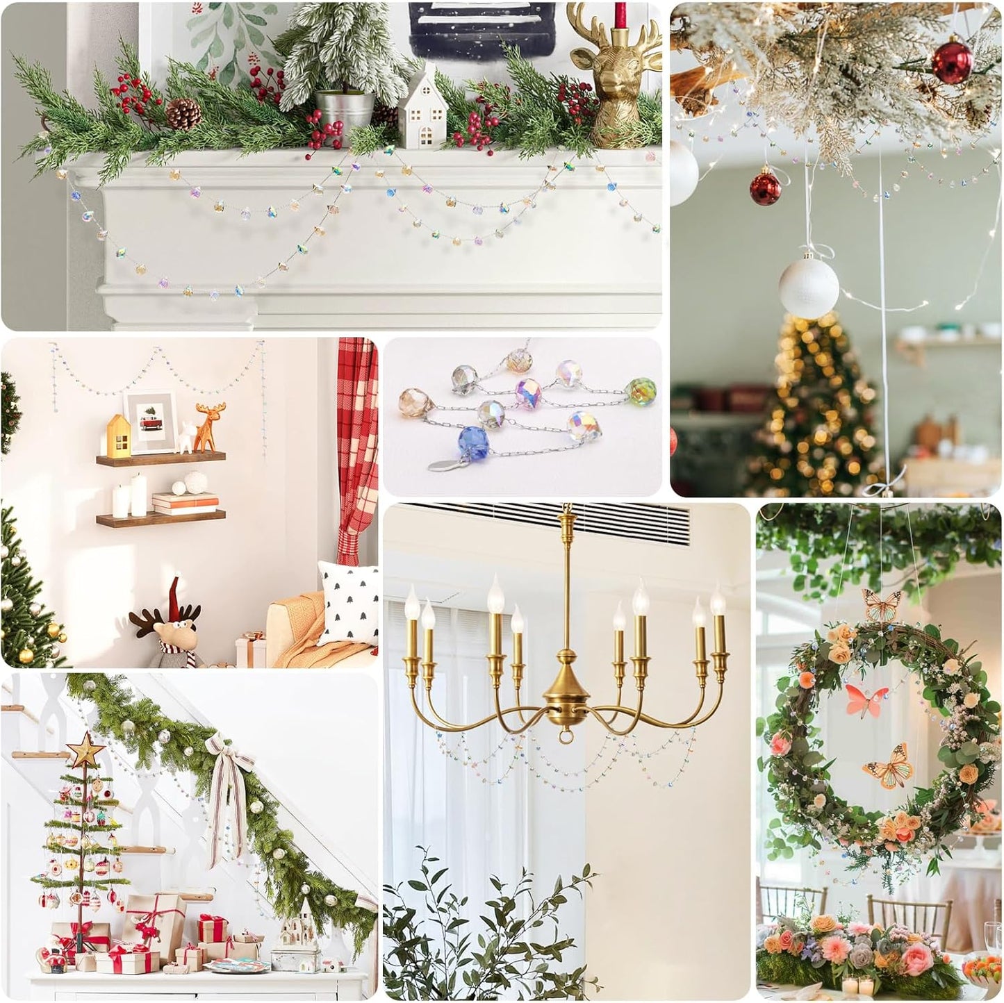 Christmas Garland, 9.8Ft Crystal Glass Beads Strands, 100pcs 10mm Faceted Waterdrop Glass Beads Hanging Ornament for Christmas Tree Centerpieces Wedding Party Decorations (Multicolor)