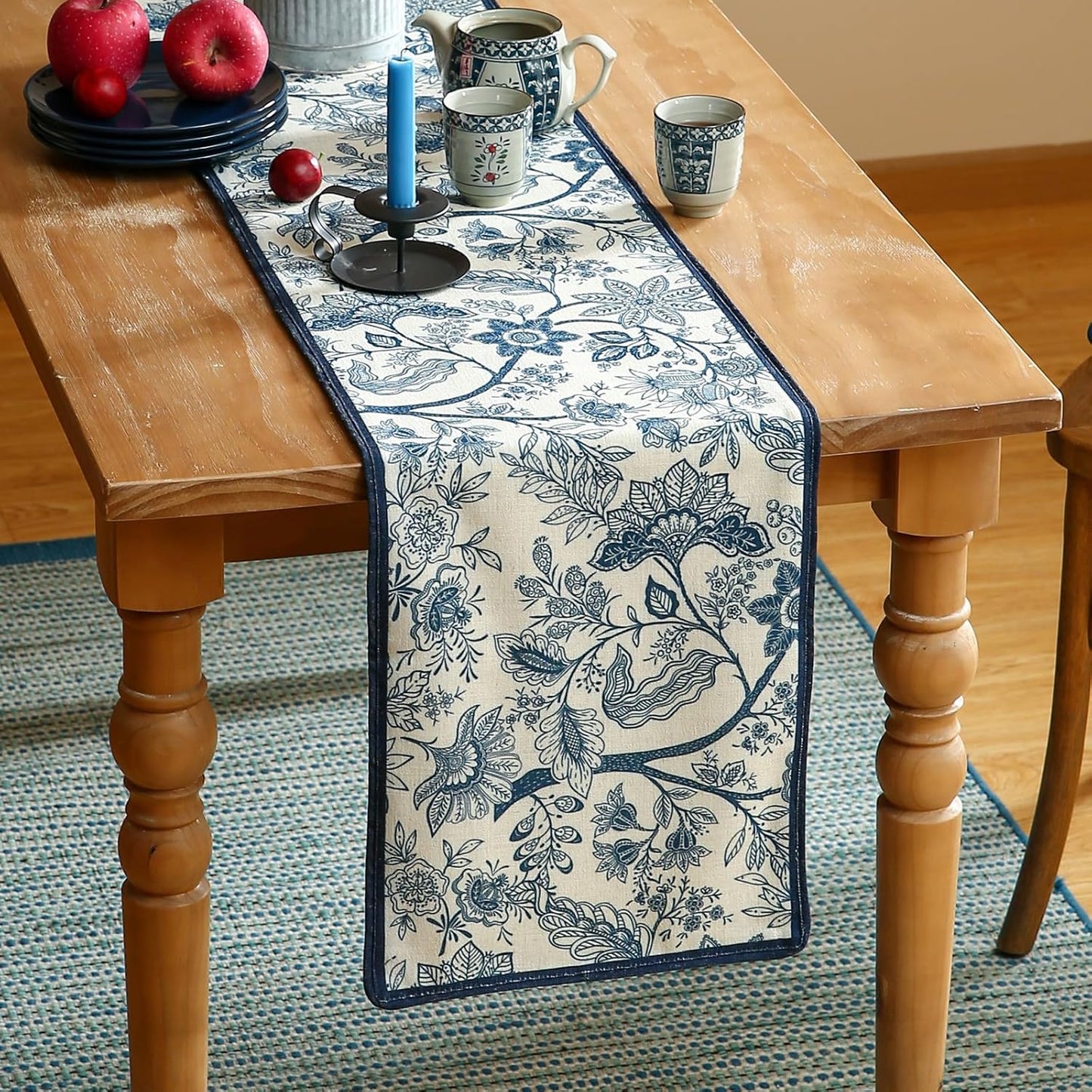 ISAENNE Designer Chinoiserie Elegant Linen Table Runner 87 Inches Long,Blue Floral Pattern Decor Table Runners for Thanksgiving,Dining Room,Banquet,Kitchen Tables,Christmas,12"*87"-Ruyi B