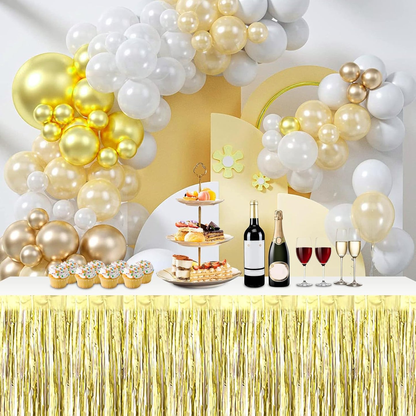 3 Pack 29x108 Inch Light Gold Foil Fringe Table Skirts Metallic Banner for Tinsel Streamer Garland Backdrop for Parade Floats Wedding Thanksgiving Birthday Christmas Halloween Party Decoration