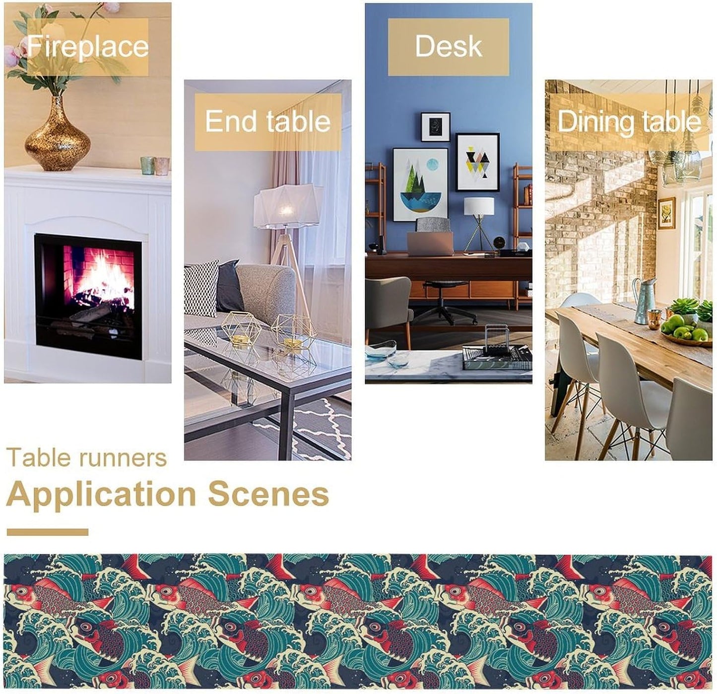 Kio Fish Table Runner Waves Japanese Tradition Art Printed Burlap Runner Home Kitchen Dining Table Living Room Decor Fabric 1 Panel W13xL108in