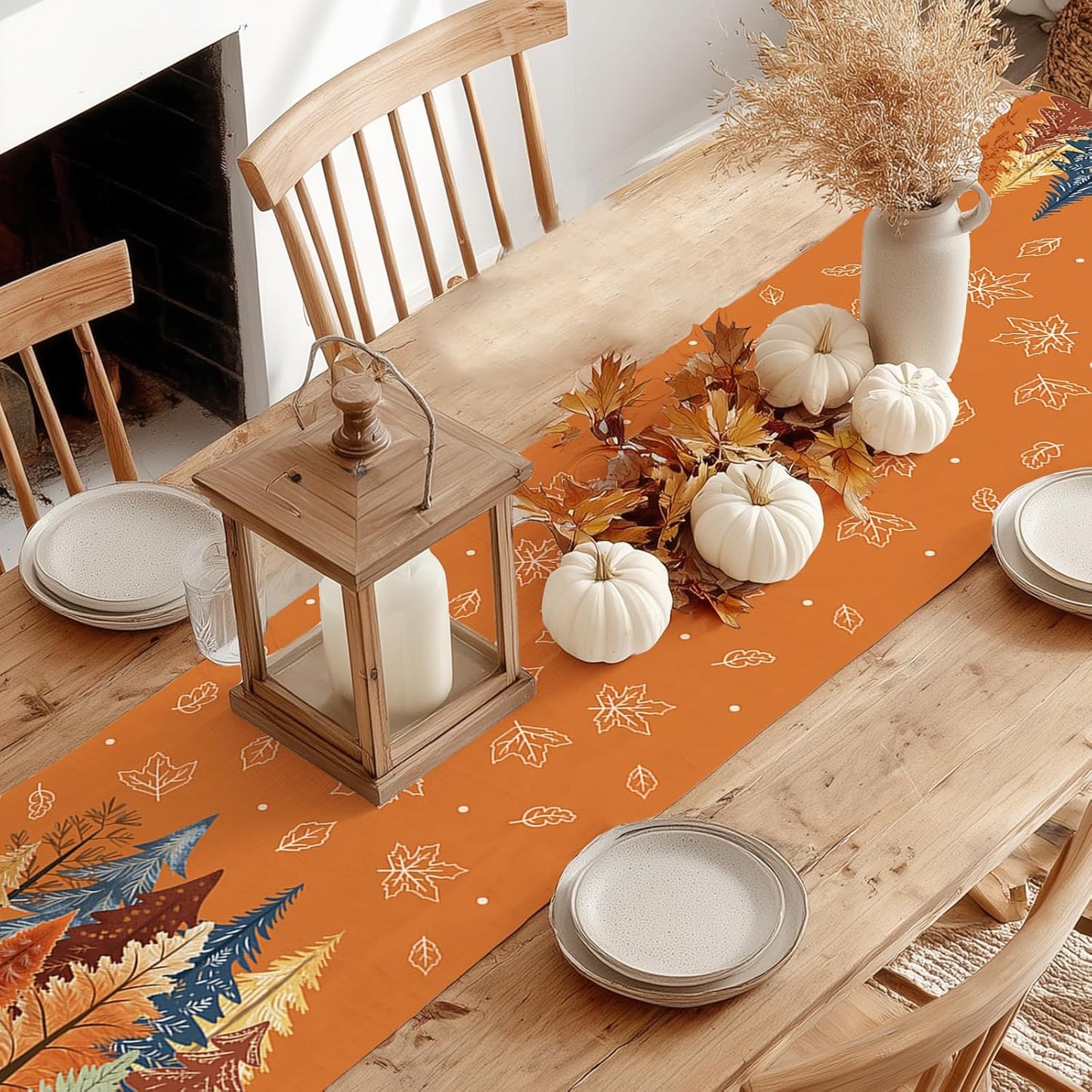 GEEORY Fall Watercolor Trees & Maple Leaves Table Runner 13x48 Inch, Rustic Farmhouse Autumn Thanksgiving Decor for Kitchen, Dining, Indoor/Outdoor Holiday Dinner Party Orange GT158-48