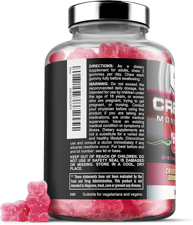 Iron Labs Nutrition Creatine Monohydrate (90 Gummy Bears) - 3600mg Per Serving - Strawberry Flavor - High Strength Creatine for Men & Women (90 Vegan Gummies)