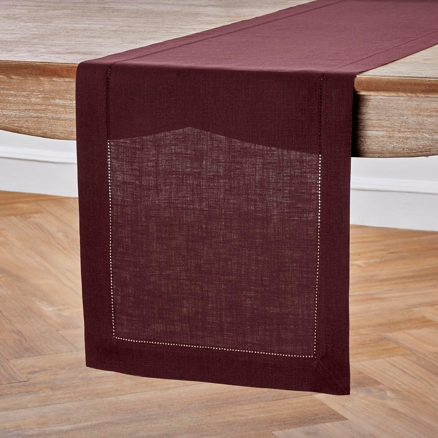 Solino Home Linen Table Runner 60 Inches - 100% Pure Linen Burgundy Hemstitch Table Runner 14 x 60 Inch Ideal for Dresser and Coffee Tables - Fall, Thanksgiving, Christmas, Holiday - Classic Hemstitch