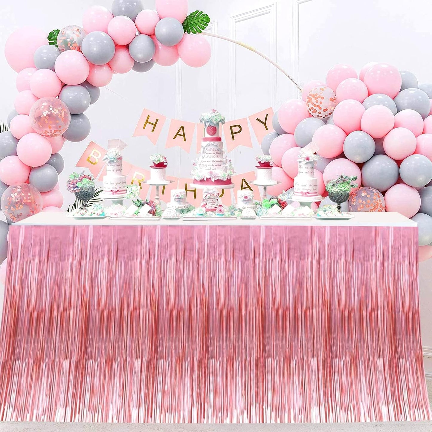 4 Pack 29x108 Inch Metallic Foil Fringe Tinsel Table Skirts for Rectangle Tables Streamer Backdrop for Wedding, Birthday, Parade Floats, Christmas, Halloween Party Decoration(New Rose Gold)