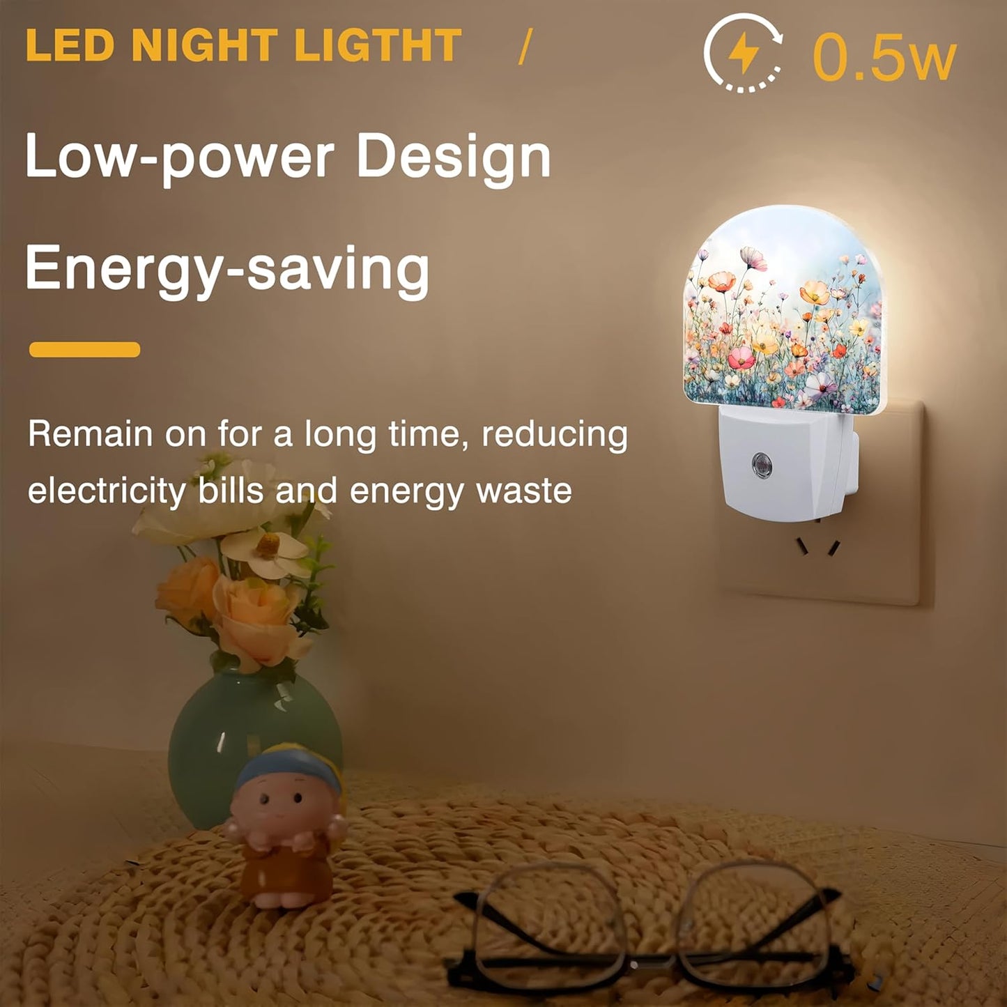 Night Lights Plug into Wall Watercolor Flowers Night Light Dusk to Dawn Smart Sensor Decorative Round Led Lamp for Bedroom Kitchen Hallway Nightlight for Women Men