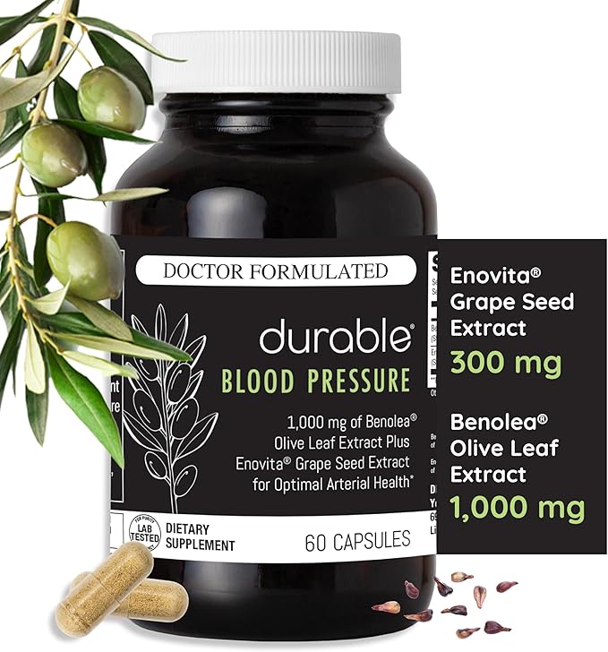 Durable Blood Pressure – Benolea Olive Leaf & Enovita Grape Seed Extract, Two-in-One Formula, Supports Nitric Oxide & Vascular Health, Doctor-Formulated, Made in USA (60 Count, Pack of 1)