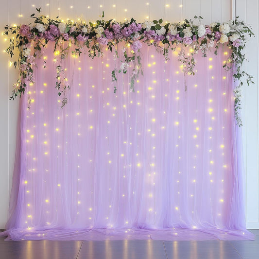 Tulle Backdrop Curtain with Lights String 10FT X 8FT Lavender Sheer Tulle Backdrop Curtains for Wedding Birthday Party Reception Photo Booth Background Decorations (2 Panels 5x8FT)