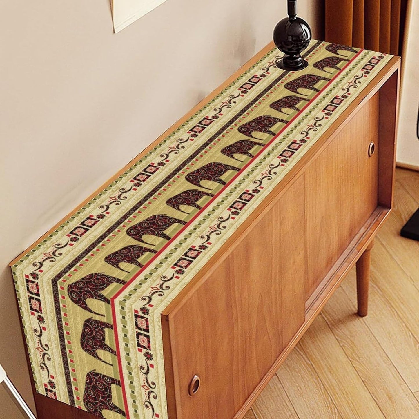 Boho Elephant Table Runner, Vintage Tribal Traditional Bohemian African Animals Ethnic Folk Table Center Decor for Home Kitchen Dining Patio Holiday Party Indoor Table Decorations, 13"x90" Inch