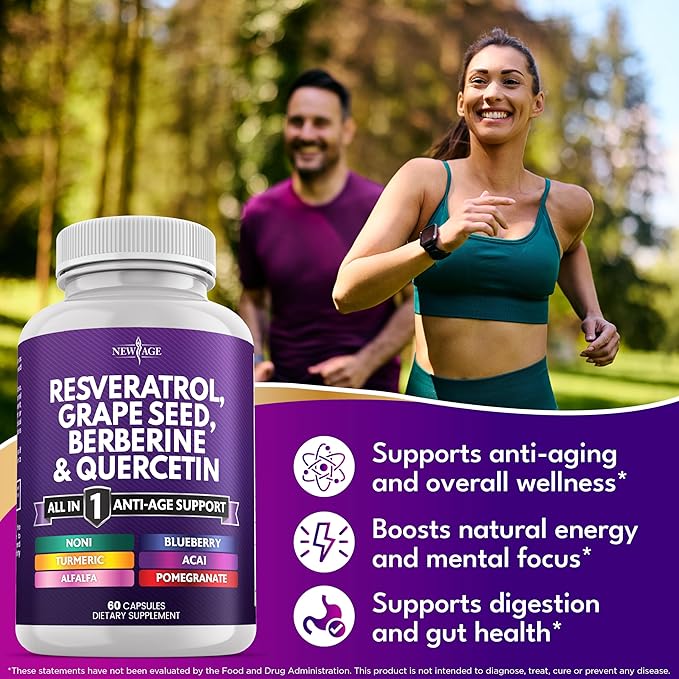 NEW AGE Resveratrol, Berberine, Grape Seed Extract, Quercetin, Polyphenol Supplement for Women and Men with Noni Extract, N-Acetyl Cysteine, Acai Extract - 180 Capsules