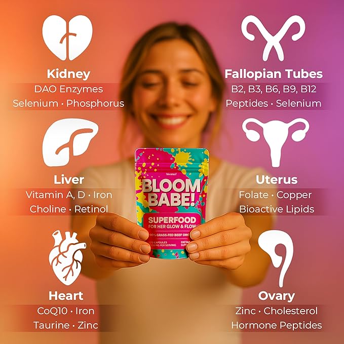 Beef Organ Supplement for Women | 100% Grass Fed Beef Liver Capsules with Heart, Kidney & Reproductive Organs | Primal Hormone Balance & Ancestral Energy | Bloom Babe - Queen of Superfoods, 60ct