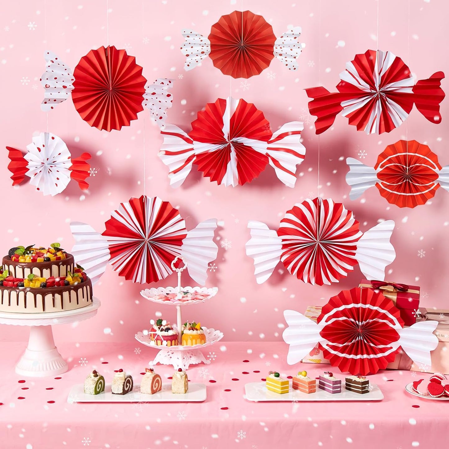 9pcs Candy Party Decorations Sweet Candy Hanging Paper Fans Hanging Decorations Christmas Party Ceiling Wall Garland for Candy Theme Birthday Baby Shower Sweet Shop Christmas