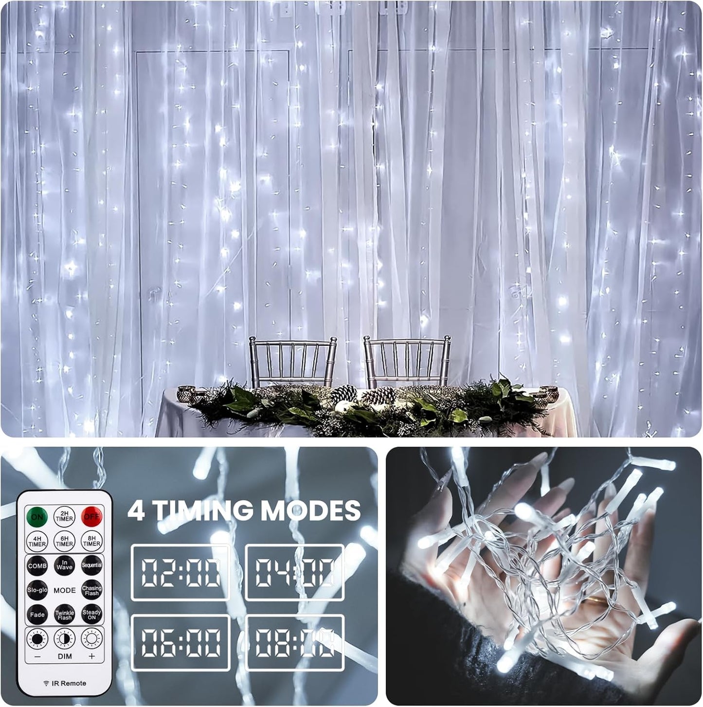 Curtain Light for Bedroom, 200LED 6.6x6.6ft White Window Wall Hanging Fairy Curtain String Light, 8 Modes Remote Fairy String Lights Indoor for Wedding Party Home Garden Decorations