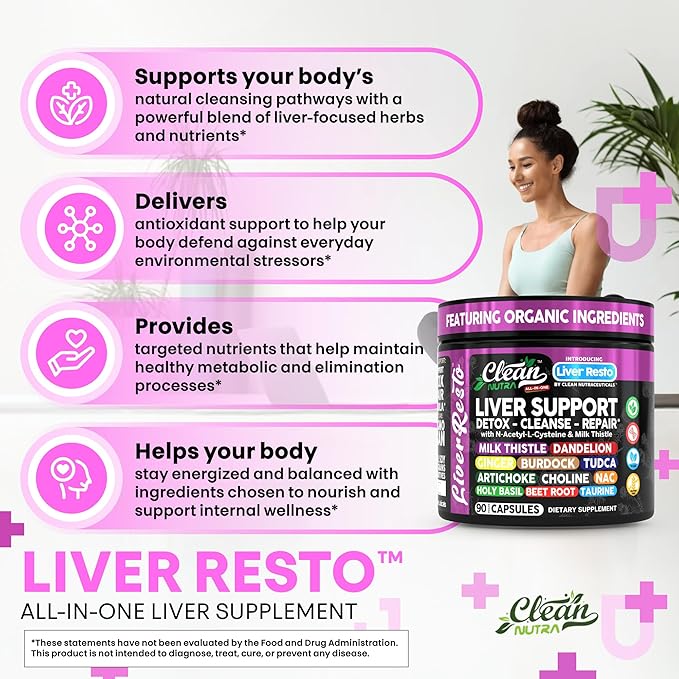 Clean Nutra Liver Cleanse Detox & Repair Supplement Milk Thistle, NAC, TUDCA, Dandelion Root, Artichoke, Choline, Ginger, Beet Root, Burdock, Taurine, Liver Resto 90 Capsules