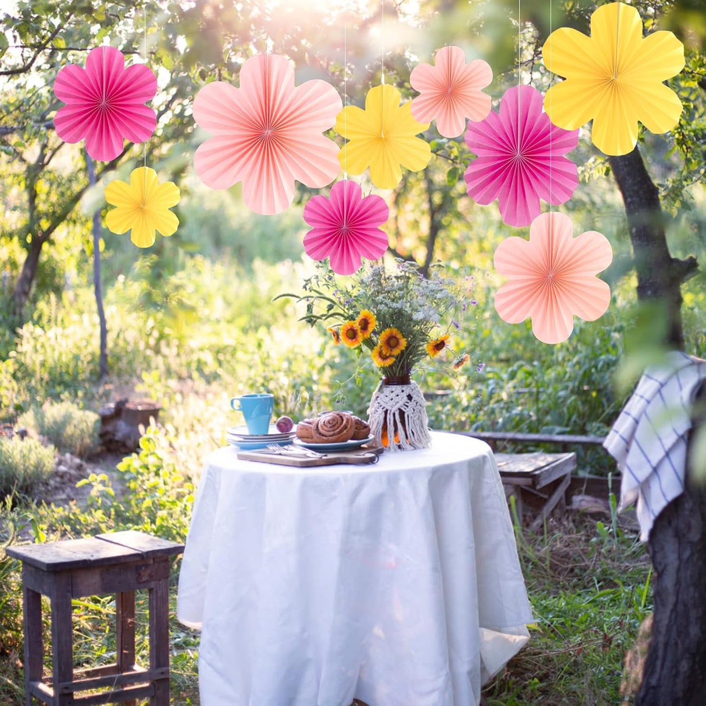 Easy Joy Paper Flowers Decorations for Wall Paper Fans Classroom Decoration Paper Floral Backdrop Decor Paper Fans Decoration Hanging Paper Fans Pink Flower Wall Decor, Set of 9