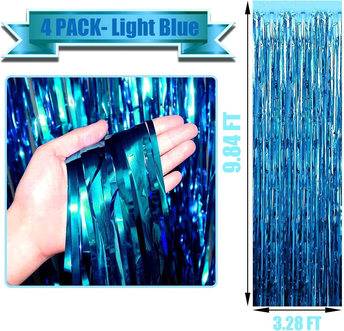 4 Pack Lake Blue Foil Fringe Curtain Backdrop, 3.3Ft x 9.8Ft Metallic Tinsel Foil Fringe Streamers Curtains for Photo Booth, Wedding, Thanksgiving, Birthday, Christmas, Halloween Party Decoration