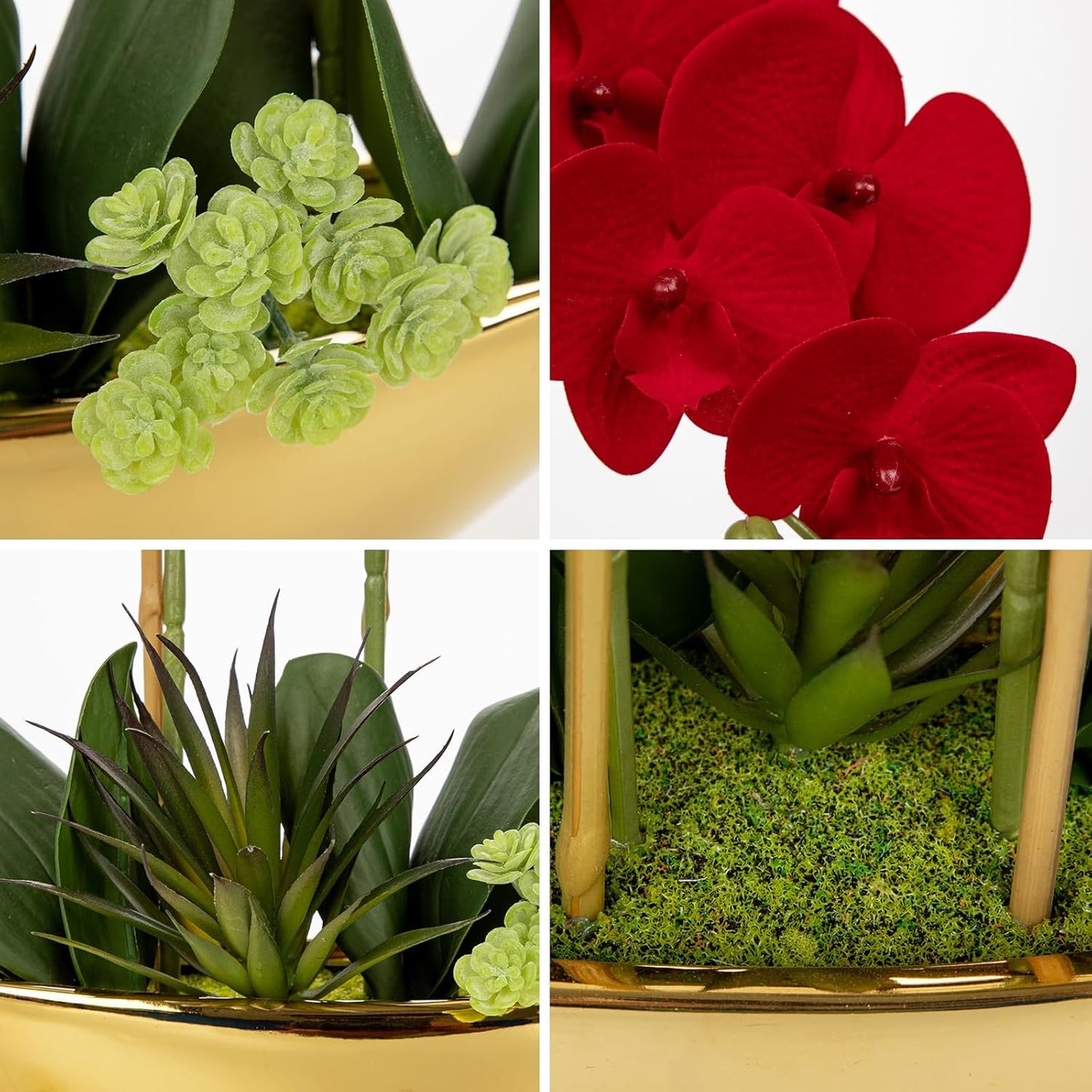 Briful Orchid Artificial Flowers 17in Red Fake Orchid Silk Flowers in Gold Ceramic Vase Faux Phalaenopsis Arrangement for Home Office Room Dining Table Centerpiece Modern Decor