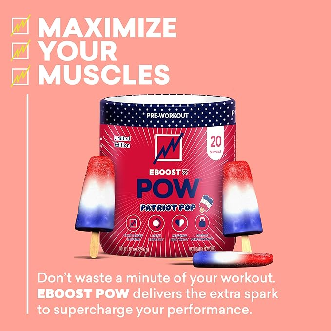 EBOOST POW Natural Pre Workout Powder - 20 Servings - Patriot Pop - Pre Workout Supplement for Performance, Joint Mobility Support, Energy, Focus - Men & Women - Non-GMO, Gluten-Free, No Creatine